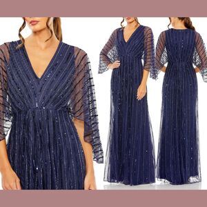 NWT $598 Mac Duggal [ 16 ] Beaded Striping‎ Kimono Sleeve V Neck Gown Navy S973
